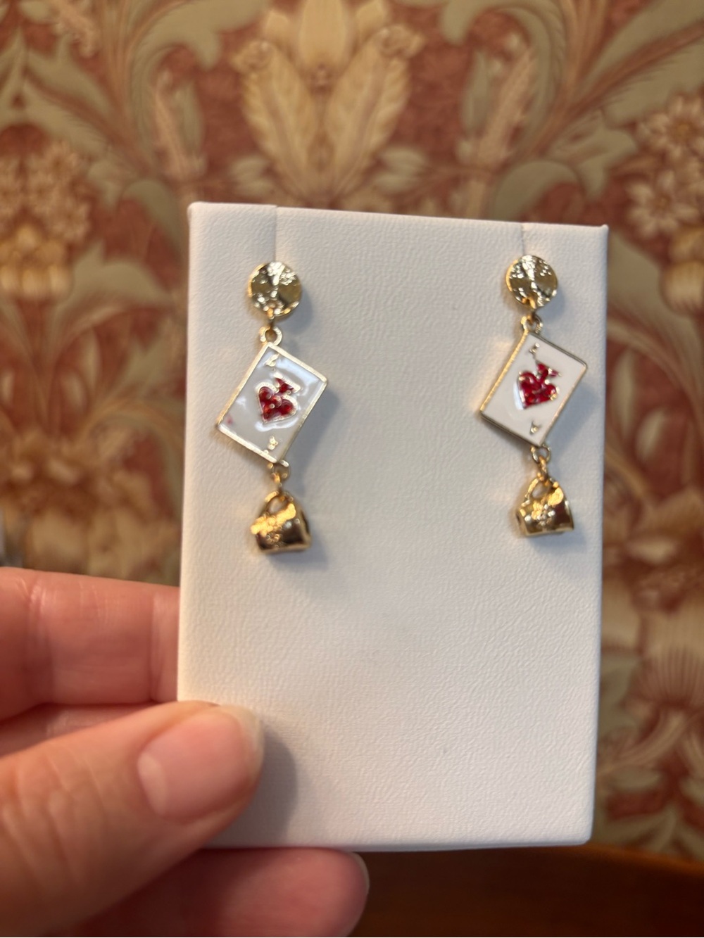 New whimsical Alice In wonderland Playing Card Dangle Earrings w Red Heart